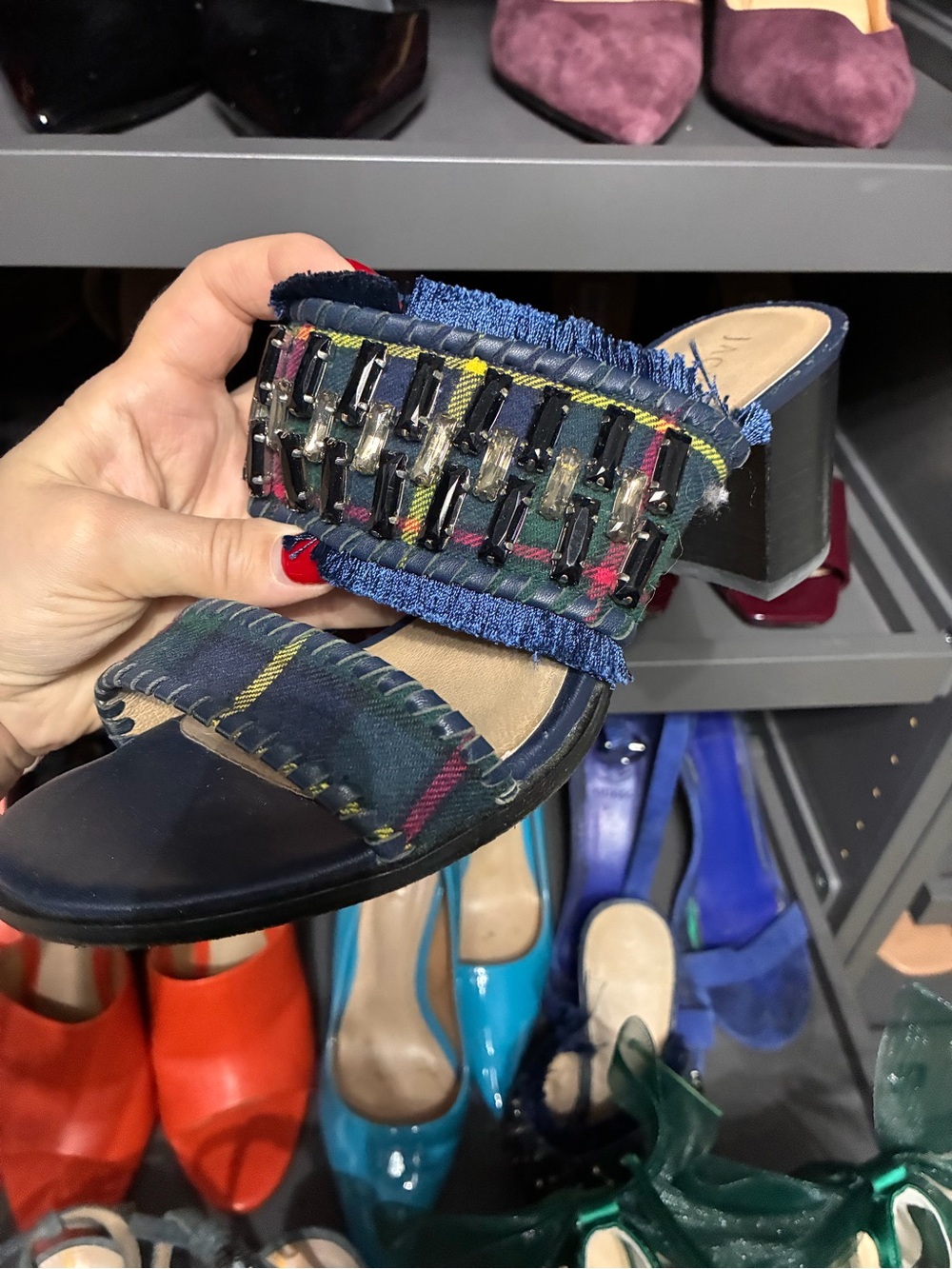 Jack Rogers Navy Plaid Jeweled Slide Mules